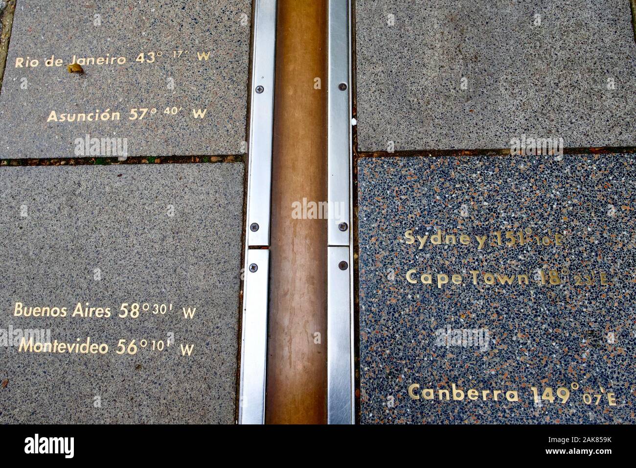 Il primo meridiano linea, Royal Observatory, Greenwich, Londra, Inghilterra. Foto Stock
