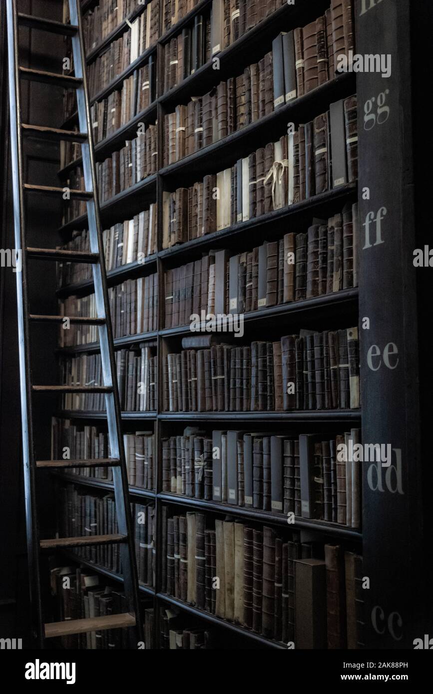 Dublino, Irlanda, dicembre 21, 2018: la sala lunga nella biblioteca del Trinity College, la casa del Libro di Kells. Una scala per raggiungere i libri a differenti Foto Stock