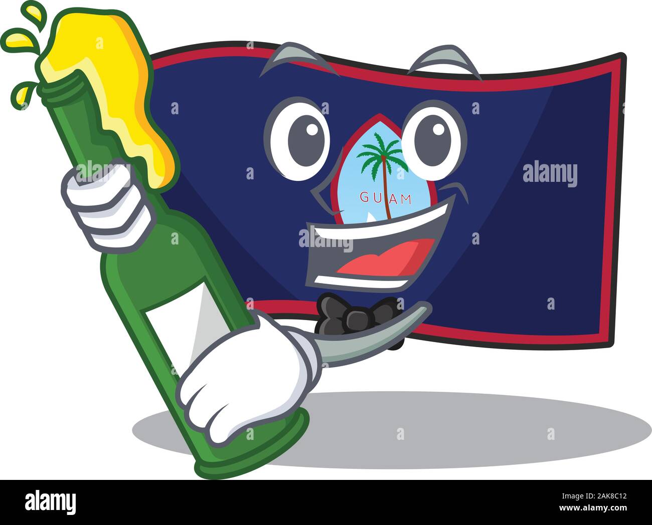 Mascotte cartoon design della bandiera guam con bottiglia di birra Illustrazione Vettoriale