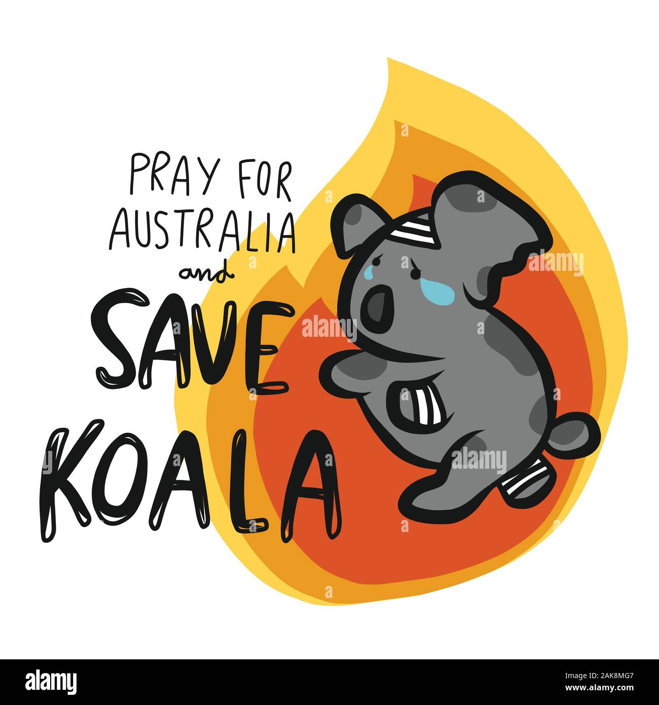 Salvare feriti koala dal fuoco e pregare per l'Australia cartoon illustrazione vettoriale Illustrazione Vettoriale