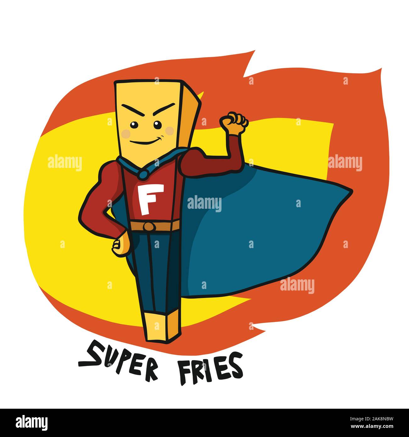 Patatine fritte super eroe sul fuoco il logo del fumetto illustrazione vettoriale Illustrazione Vettoriale