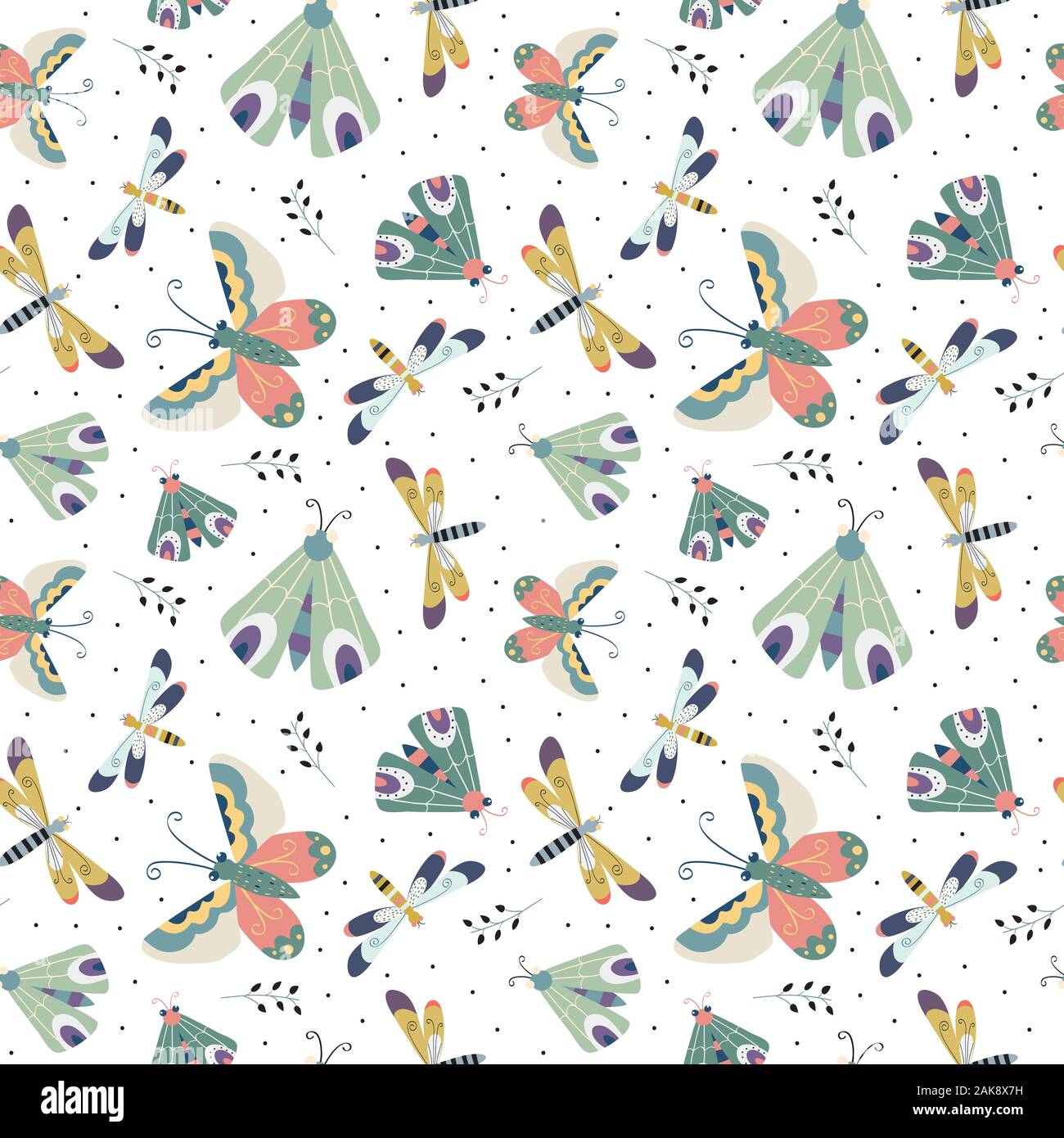 Modello senza soluzione di continuità con la tignola, a farfalla e dragonfly in sfondo bianco. pattern texture per tessuto, avvolgimento,sfondo, capi di vestiario Illustrazione Vettoriale