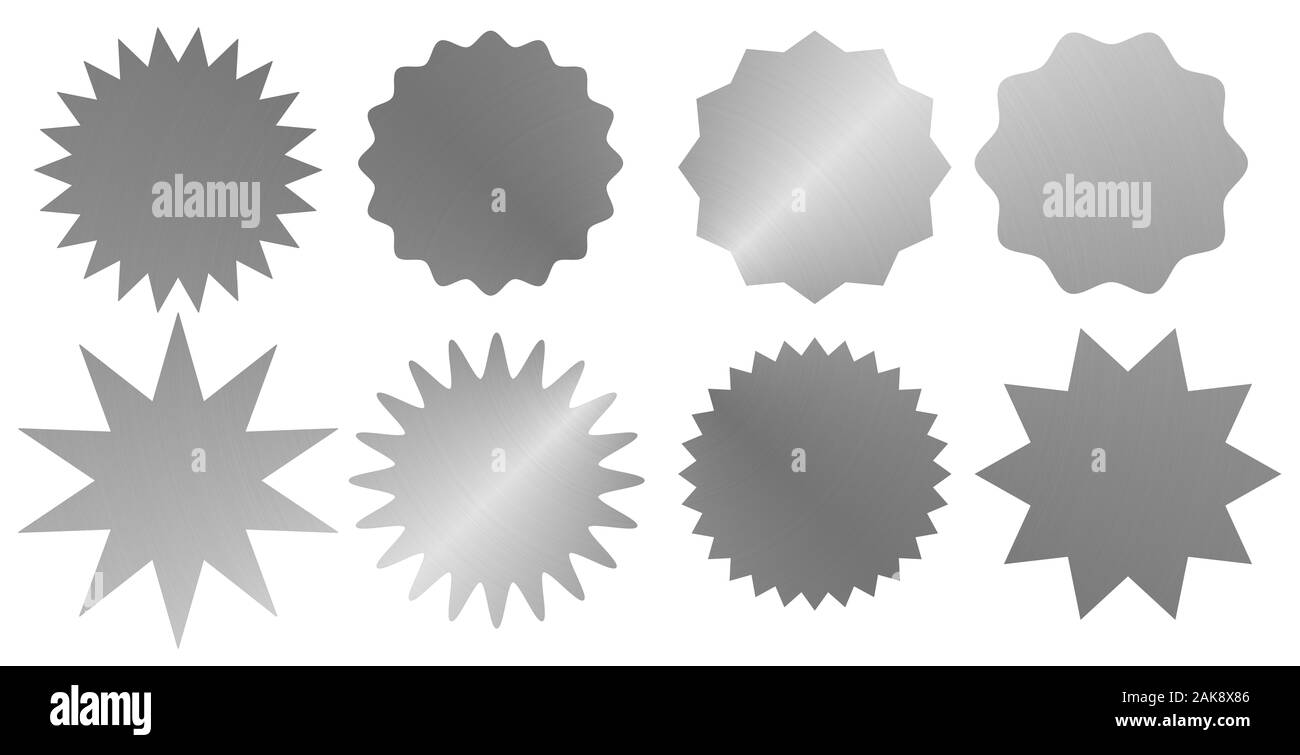 Set di stelle in carta argento isolato su sfondo bianco. Set di icone Web. Badge vuoti ed etichette di varie forme. Rendering 3D Foto Stock