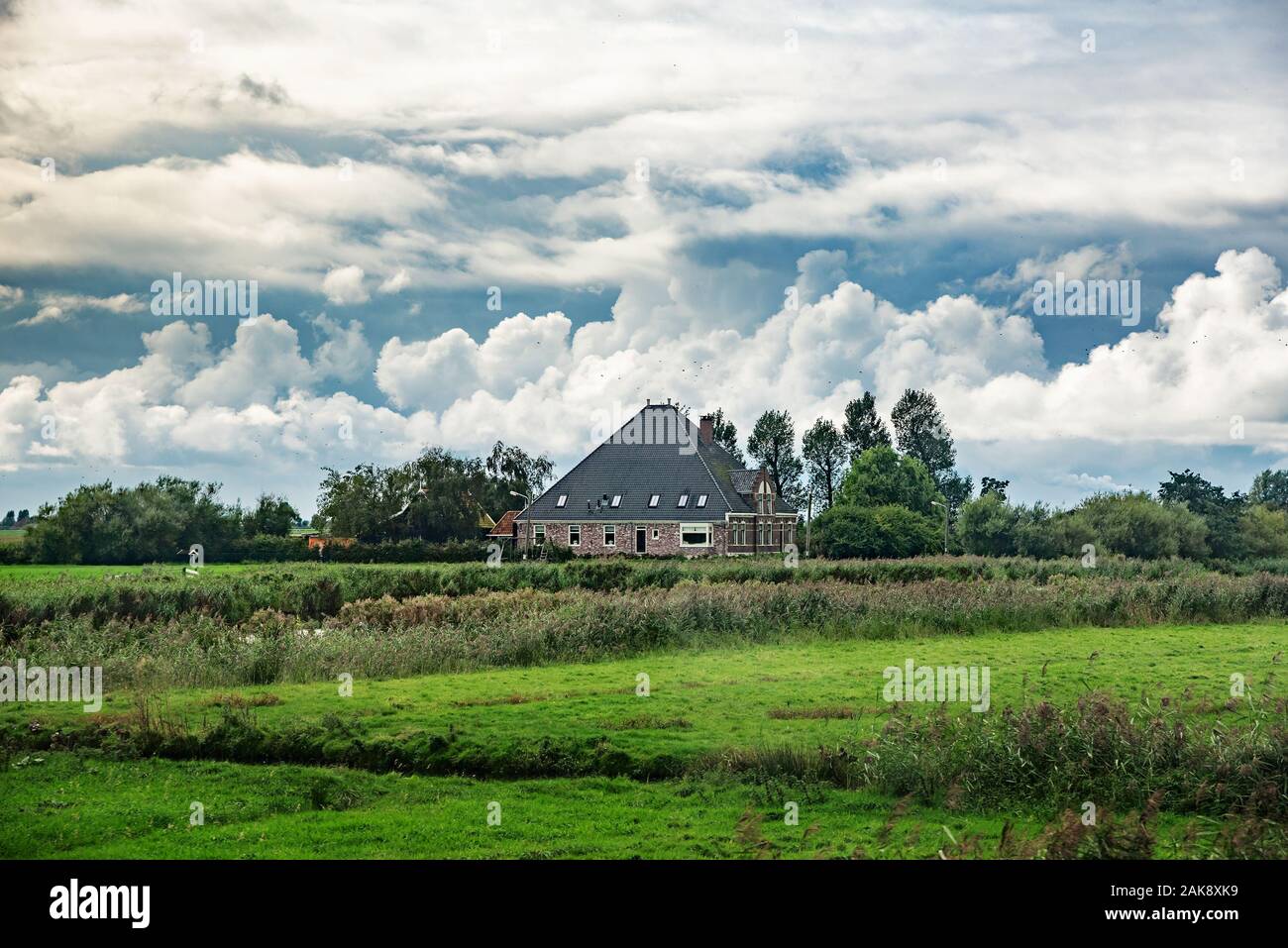 Paesaggio di suburban Paesi Bassi contro lo sfondo di un cielo nuvoloso scuro. Foto Stock