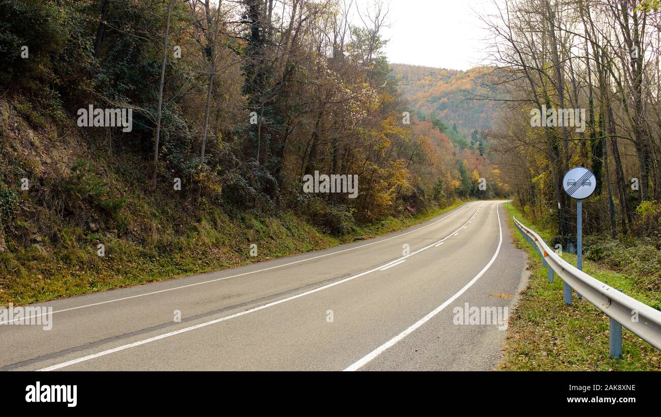 Strada vuota su un inverno paesaggio forestale Foto Stock