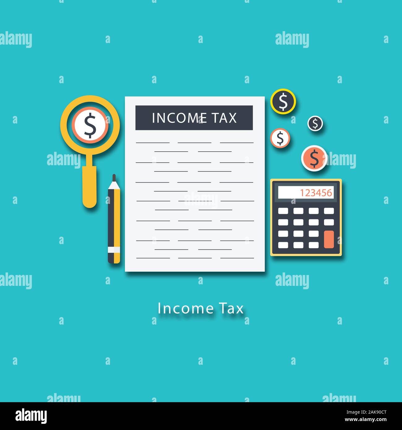 Concetto di pagamento fiscale. Analisi dei dati, documentazione, financial report di ricerca e calcolo dei redditi. Il pagamento del debito. stock illustrazione Foto Stock