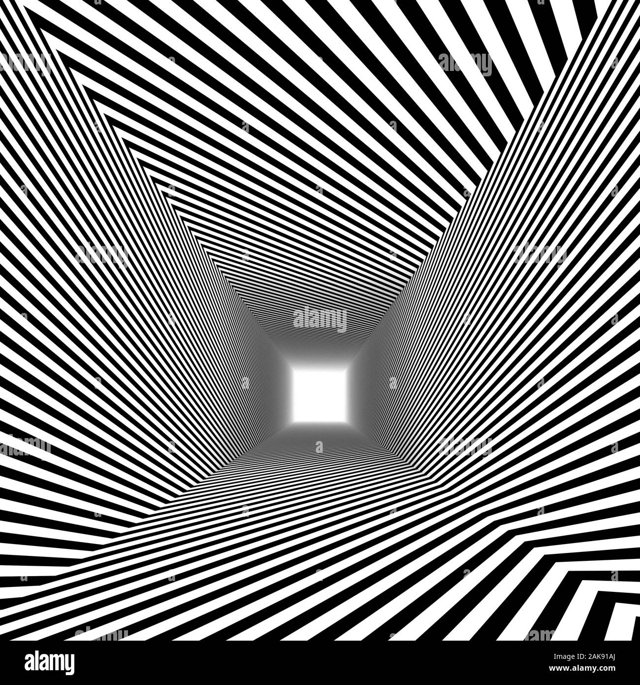 Immagine 3D di un abstract tunnel diagonale con le strisce bianche e nere, illusione ottica. Foto Stock