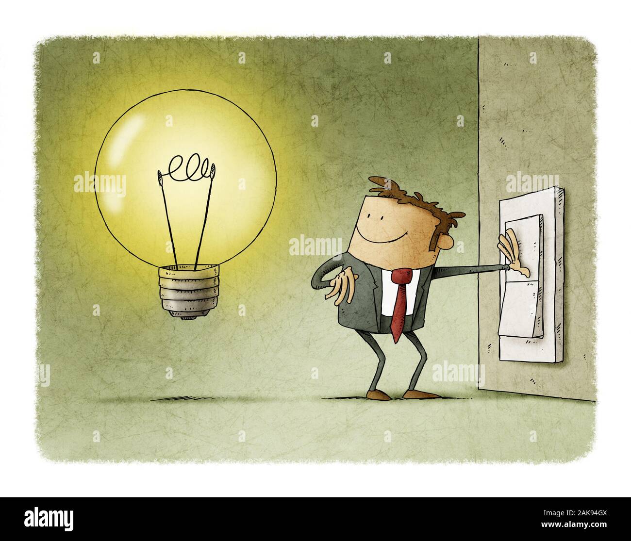 Imprenditore preme un interruttore e si accende una lampadina simbolo di  avere un'idea Foto stock - Alamy