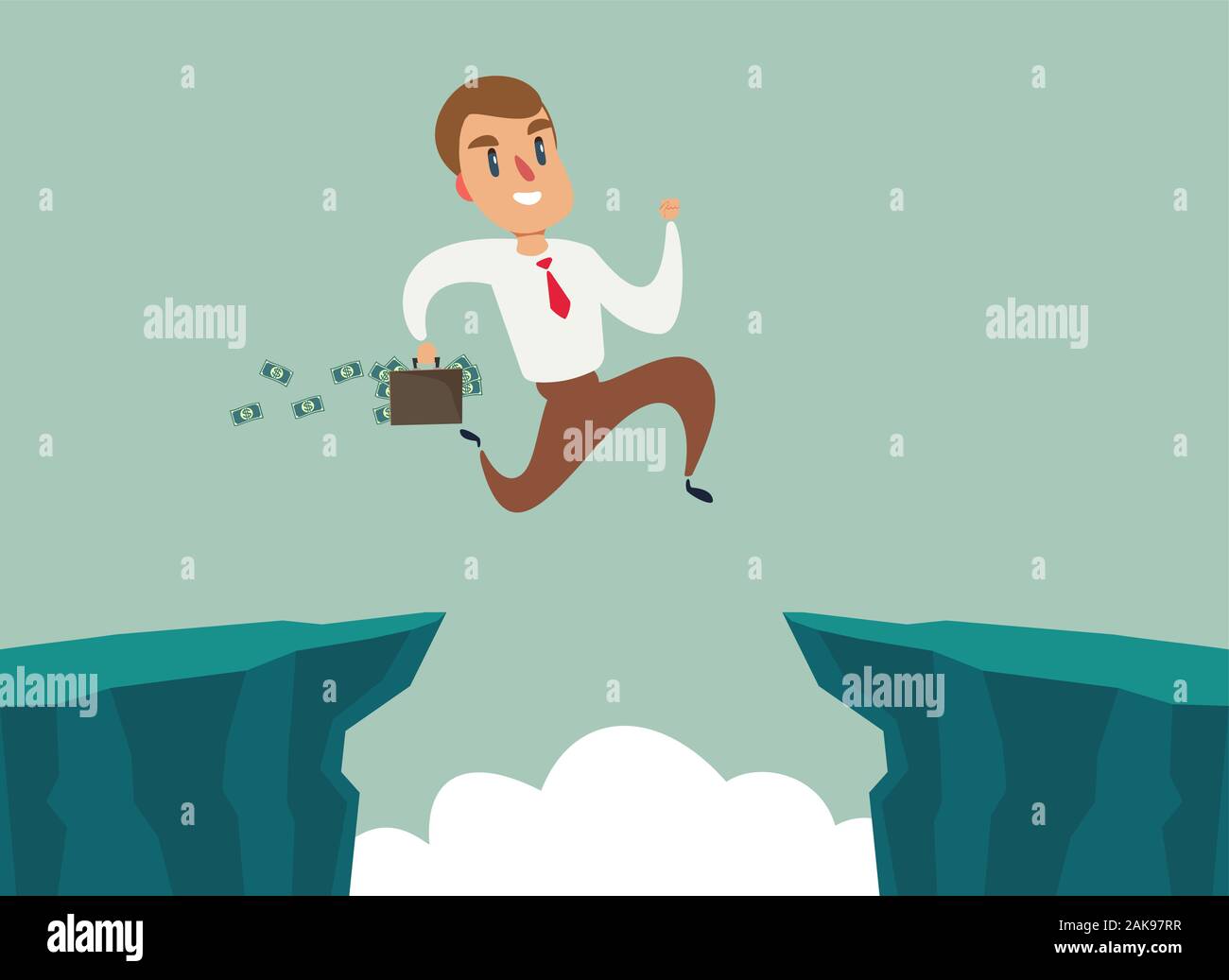 Imprenditore saltare su di una scogliera gap, superare le difficoltà. Il concetto di business Illustrazione Vettoriale