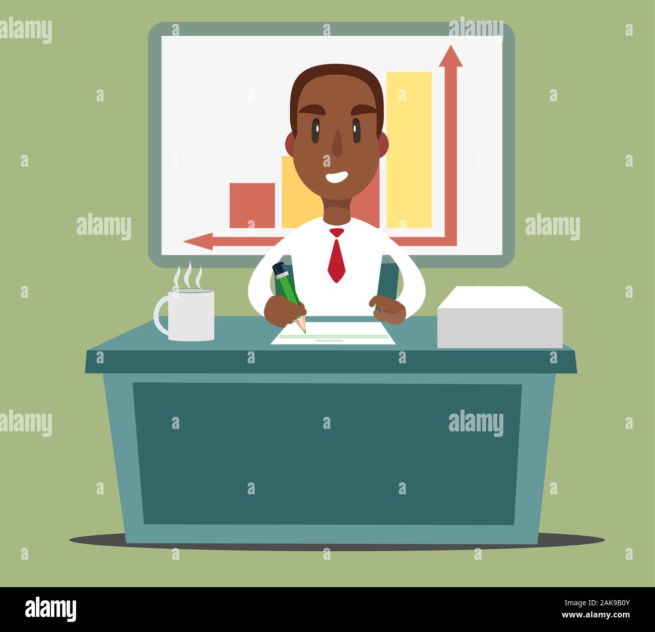 Un nero americano africano imprenditore o persona addetta a lavorare a una scrivania in ufficio. Illustrazione piatta Illustrazione Vettoriale