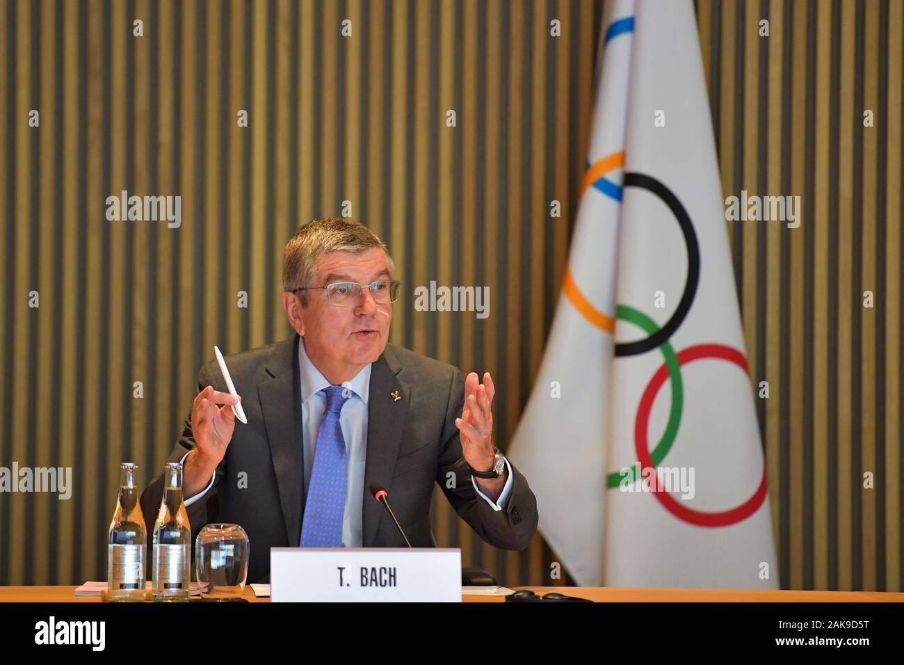 Losanna, Svizzera. Gen 8, 2020. Comitato Olimpico Internazionale (CIO) Presidente Thomas Bach assiste un IOC esecutivo riunione a Losanna, Svizzera, 8 gennaio, 2020. Credito: Wang Qingqin/Xinhua/Alamy Live News Foto Stock