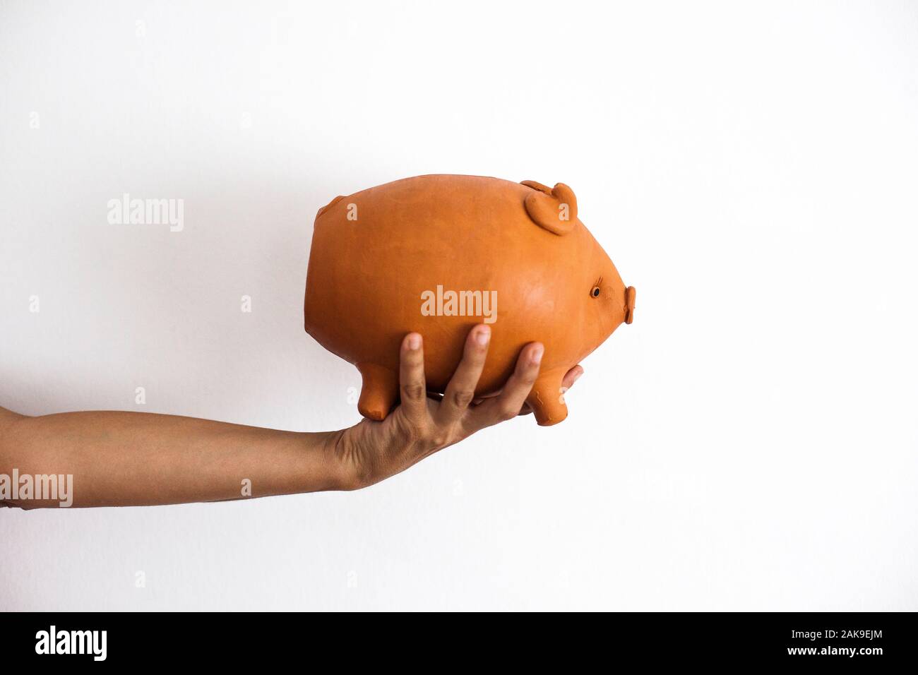 Mano che tiene un Maialino salvadanaio Foto Stock