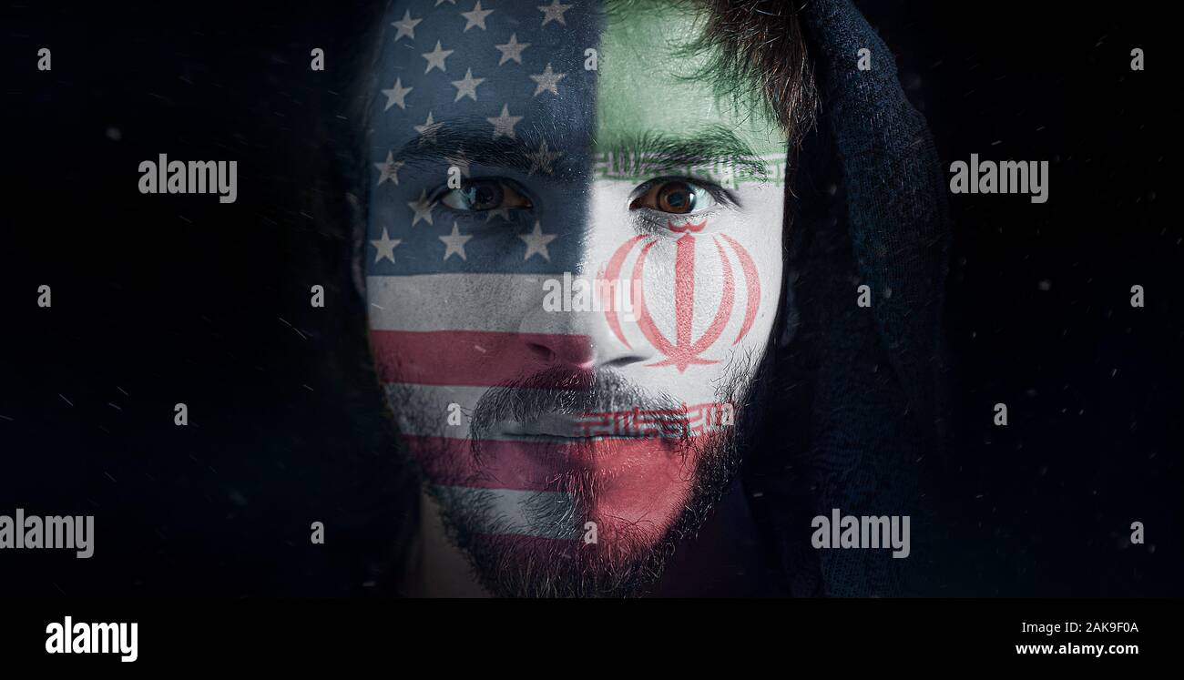 Iraniano e uomo americano faccia. Un bellissimo studio delle tensioni tra Iran e America. Foto Stock