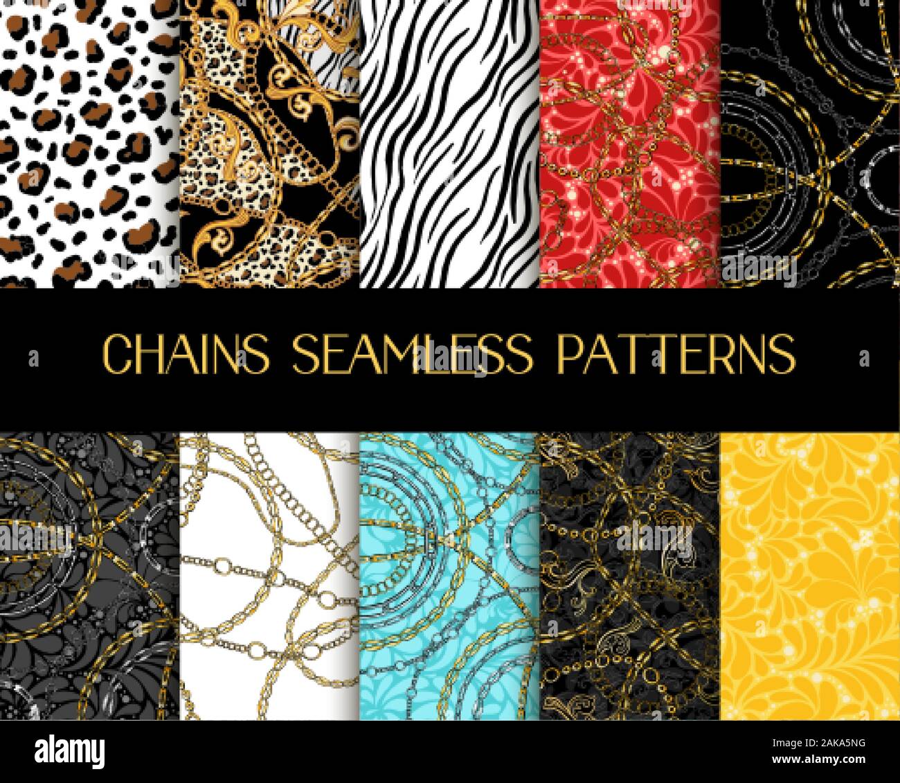 Modelli di catene di raccolta. Catena di vettore Seamless Patterns con Zebra e Tiger Stampa animale mescolati con ornamenti di Damasco e di gioielli. Tessuti moda tessile Bandana stampabile sciarpa Designs Set Illustrazione Vettoriale
