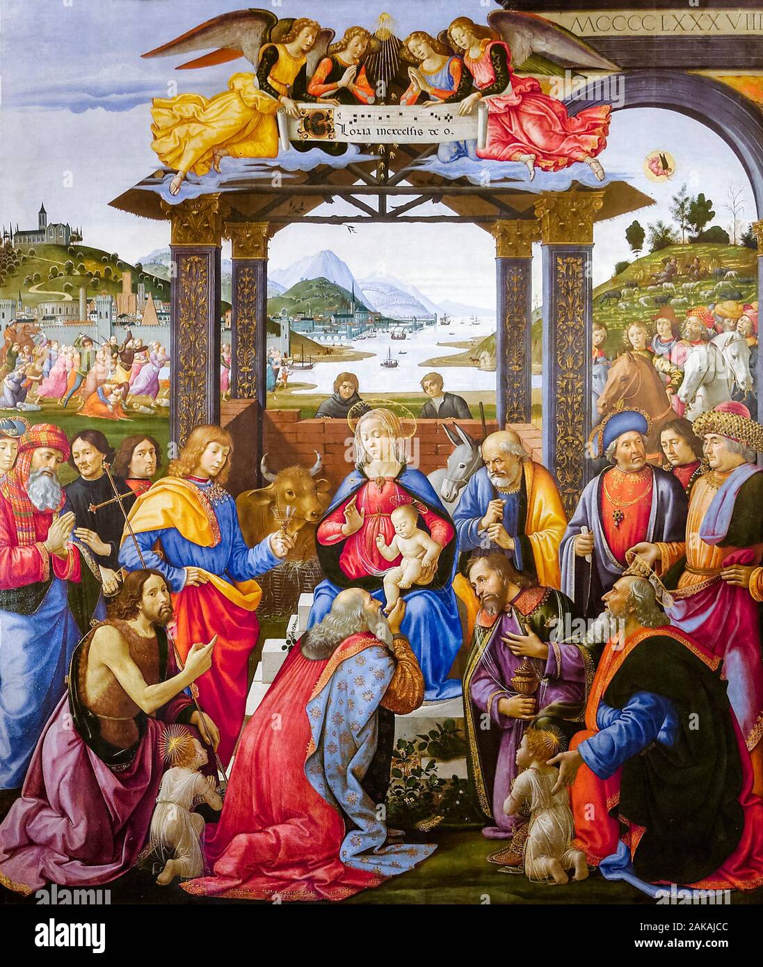 Domenico Ghirlandaio, Adorazione dei Magi, pittura, 1488-1489, Rinascimento italiano Foto Stock