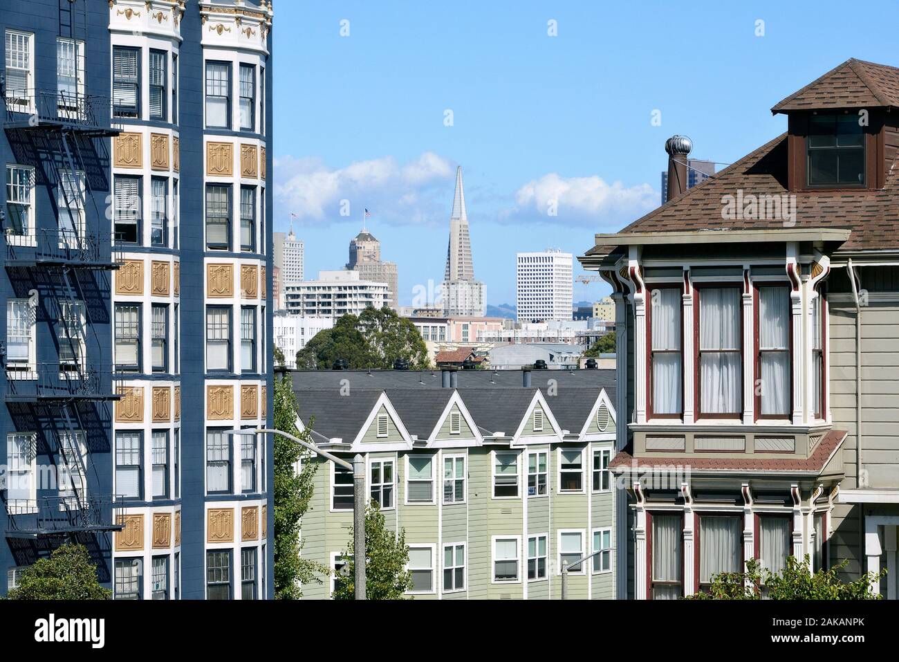 Case vittoriane in corrispondenza dell'intersezione di Steiner e Fulton Street con la Piramide Transamerica in background, San Francisco, California, Stati Uniti d'America Foto Stock