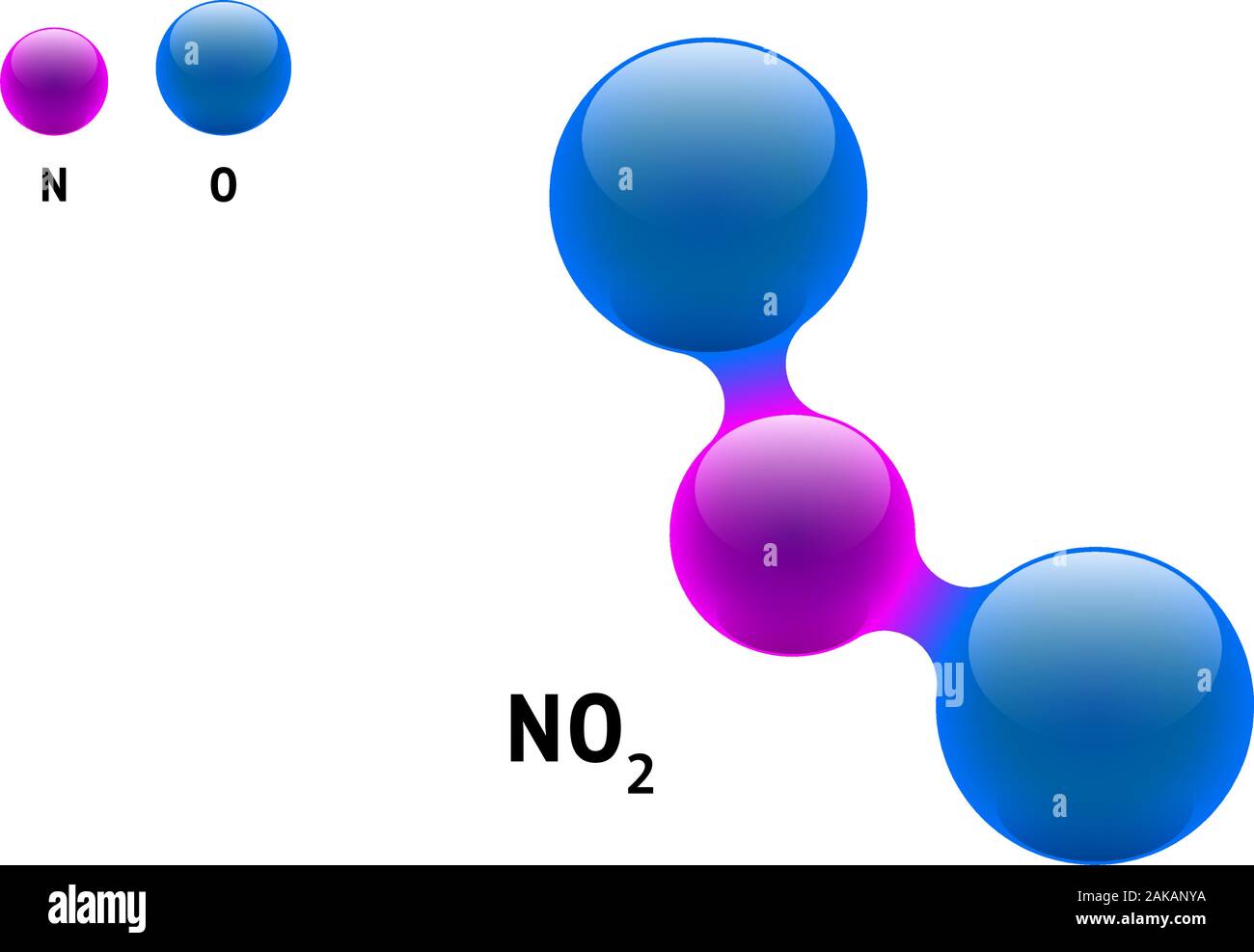 Modello chimico molecola biossido di azoto NO2 formula dell'elemento scientifico. Particelle integrate struttura molecolare 3d inorganica naturale costituita. Due sfere vettoriali eps con atomi di ossigeno e volume azote Illustrazione Vettoriale