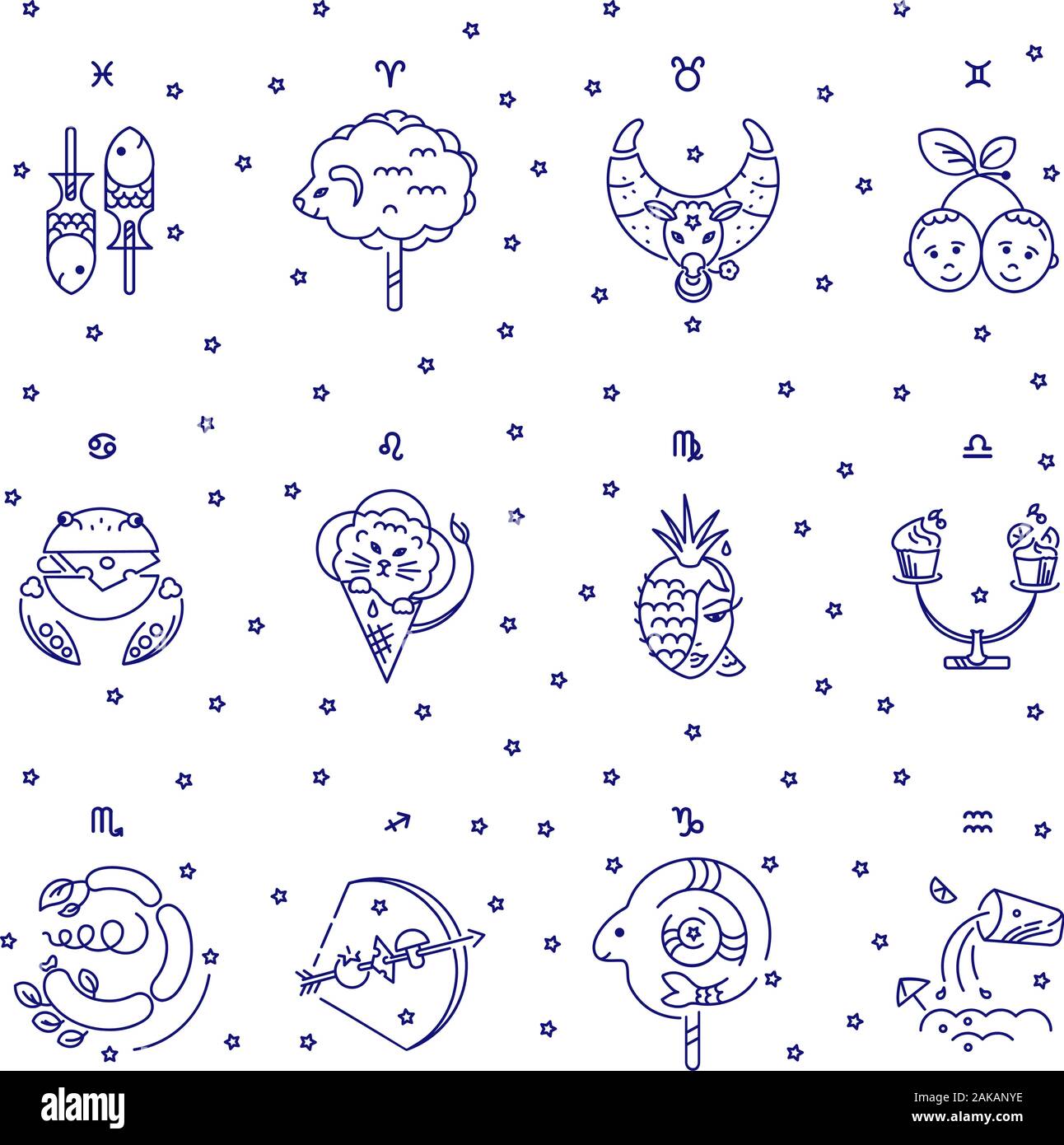 Kids Seamless Pattern. Segni zodiacali, stelle, costellazioni di colore blu su sfondo bianco. Logo tatuaggio o illustrazione. Previsioni astrologiche, horosc Illustrazione Vettoriale