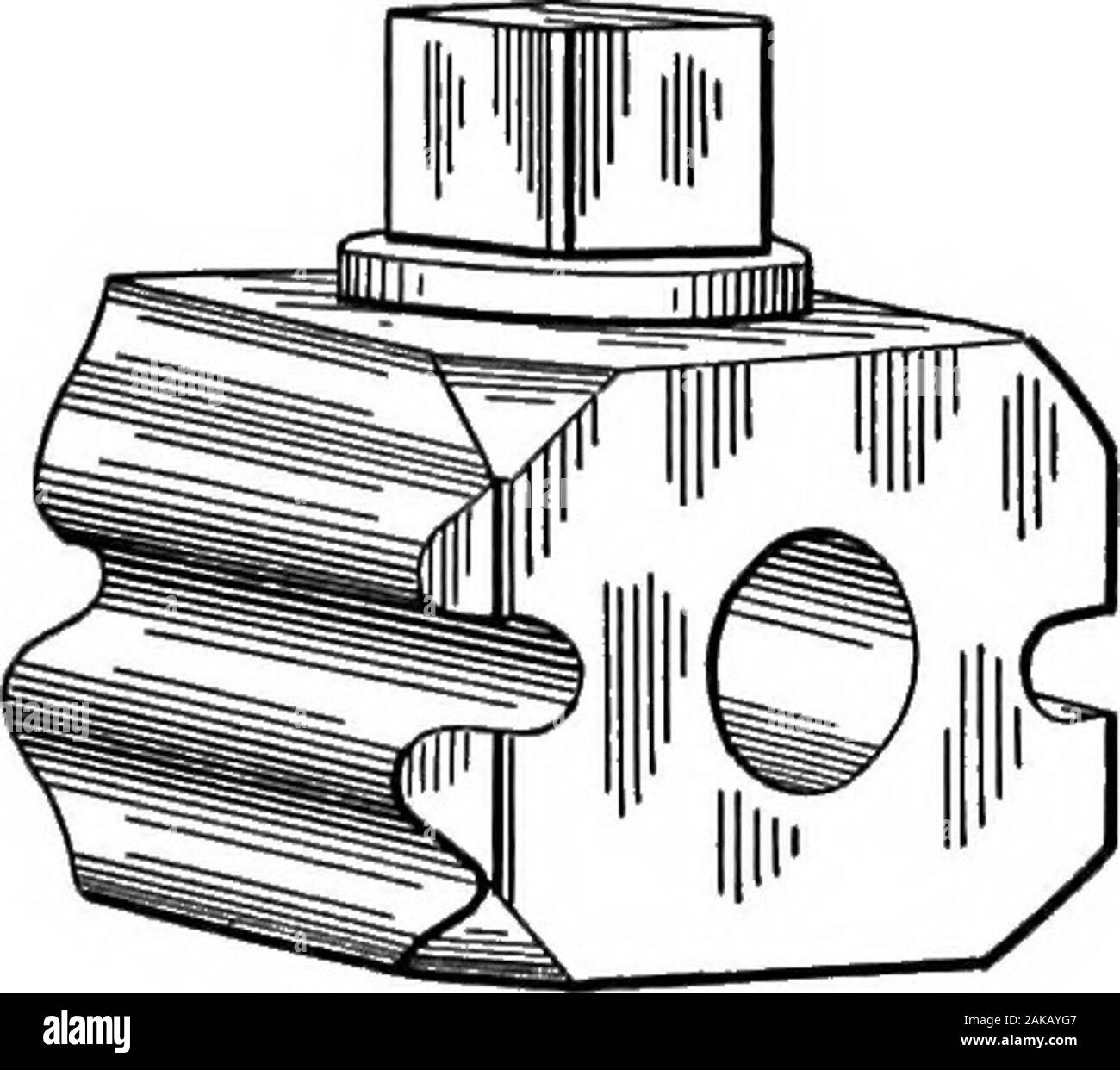 Il hydrometallurgy di rame . Fig. 97.-morsetto di ferro per la regolazione del flusso di soluzione attraverso il tubo flessibile di gomma, per sizevarying da 1 ½ a 3 pollici. Apparecchiatura e apparecchi 459 in linea come desiderato. In tali casi è meglio usare il blocco dei rubinetti comeviene indicato in Fig. 98 e il metodo di connessione come mostrato in Fig. 99 wherebythe rubinetto è saldamente imbullonato tra due lunghezze di stonewarepipe flangiato. Entrambi grès e gomma vulcanizzata rubinetti sono regularlymade per la regolazione del flusso di soluzioni corrosive.. Foto Stock