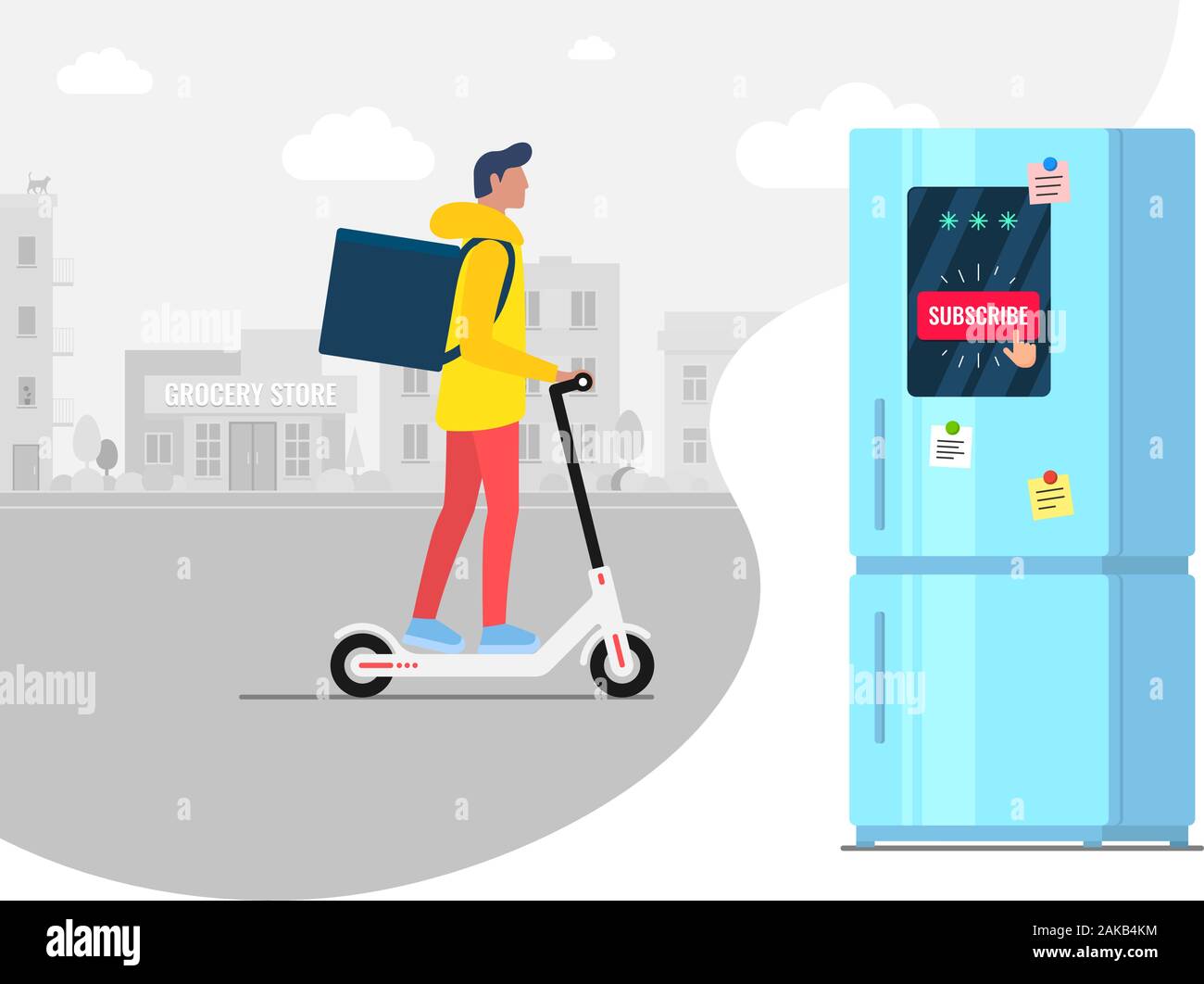Sottoscrizione al prodotto ordinazione e consegna da parte di un maschio sul concetto di servizio di scooter elettrico kick. Frigo con sottoscrizione online shopping Goods app in supermercato. Uomo che spedisce cibo da vettore negozio di alimentari Illustrazione Vettoriale