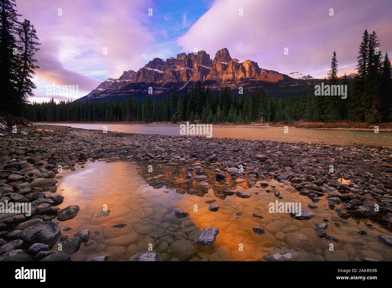 Paesaggio con Castle Mountain e il fiume, Parco Nazionale di Banff, Alberta, Canada Foto Stock