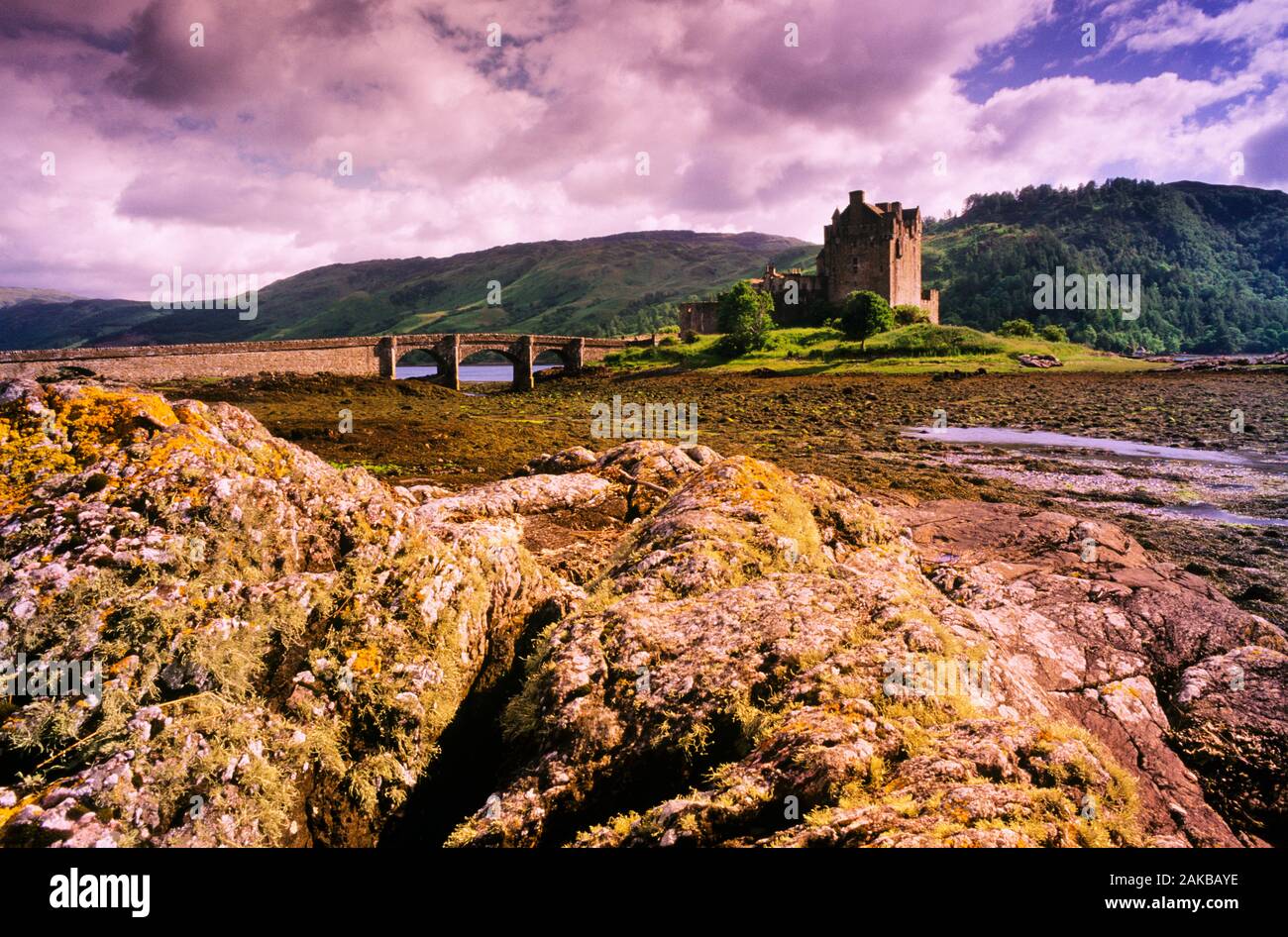 Paesaggio con Castello Eilean Donan e ponte, Highlands, Scotland, Regno Unito Foto Stock