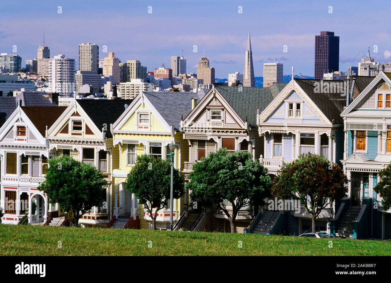 Painted Ladies, in stile vittoriano townhouses, Steiner Street, San Francisco, California, Stati Uniti d'America Foto Stock