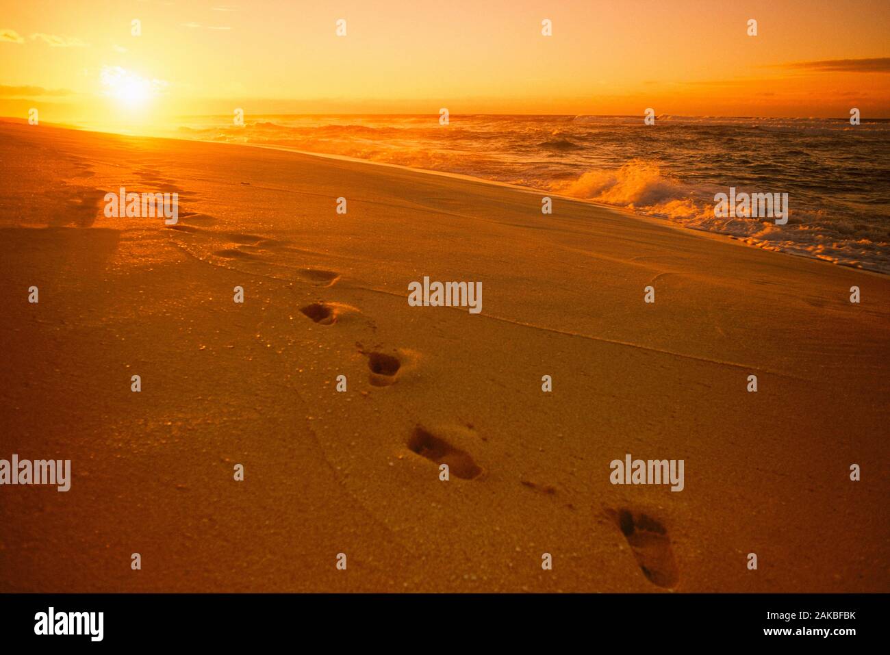 Impronte sulla spiaggia al tramonto, Sunset Beach Park, Oahu, Hawaii, STATI UNITI D'AMERICA Foto Stock