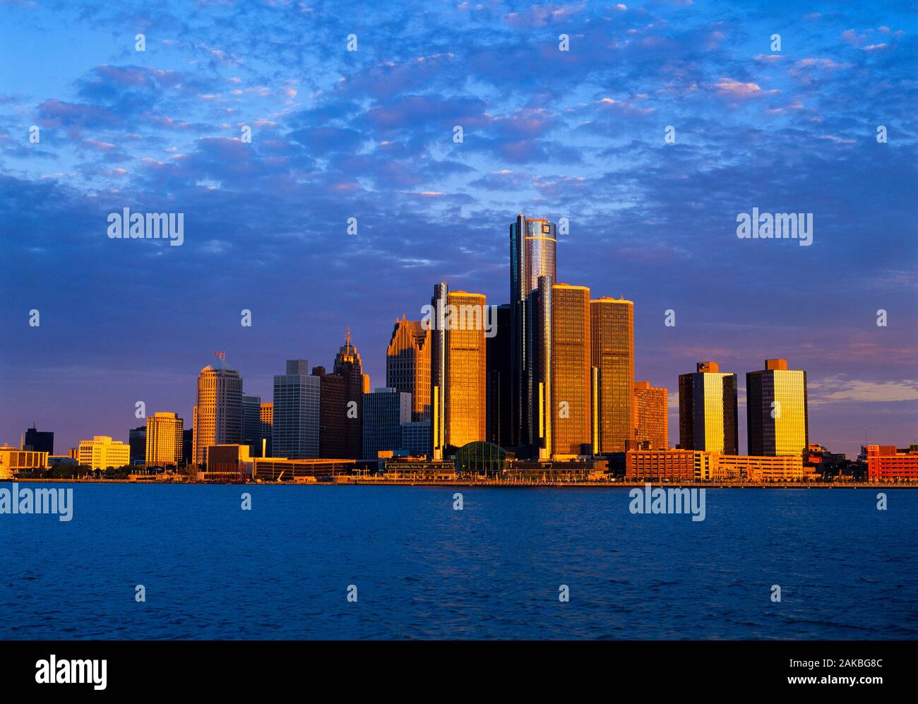 Detroit skyline al tramonto, Michigan, Stati Uniti d'America Foto Stock