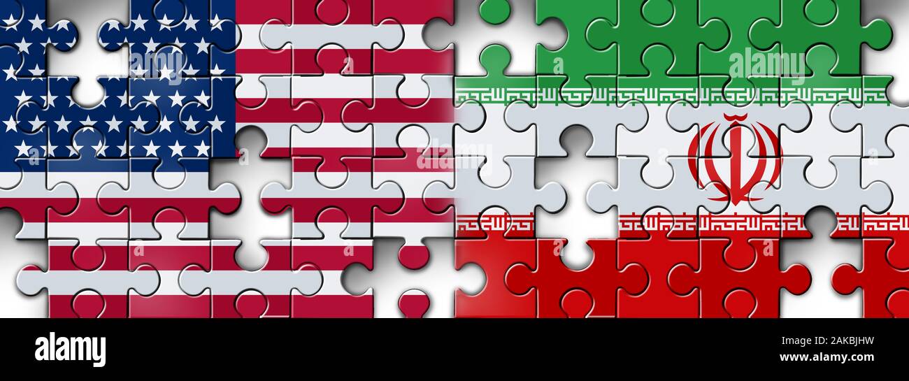 Iran noi showdown e medio oriente scontro come USA o Stati Uniti crisi nel Golfo Persico puzzle nozione come un americano e iraniani di sicurezza. Foto Stock