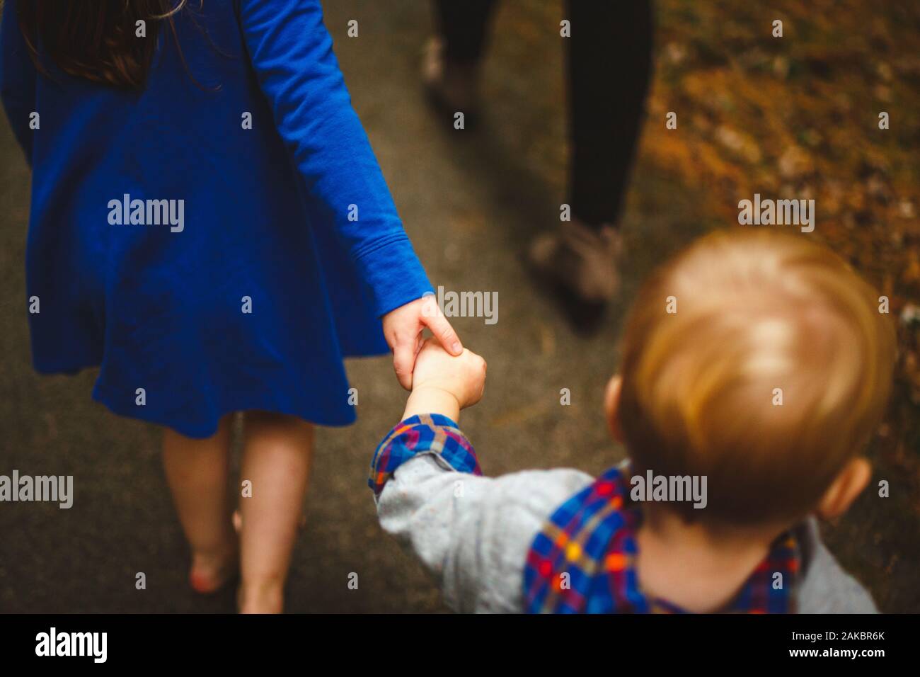 Una bambina tiene la mano del fratello minore e lo conduce su un sentiero Foto Stock