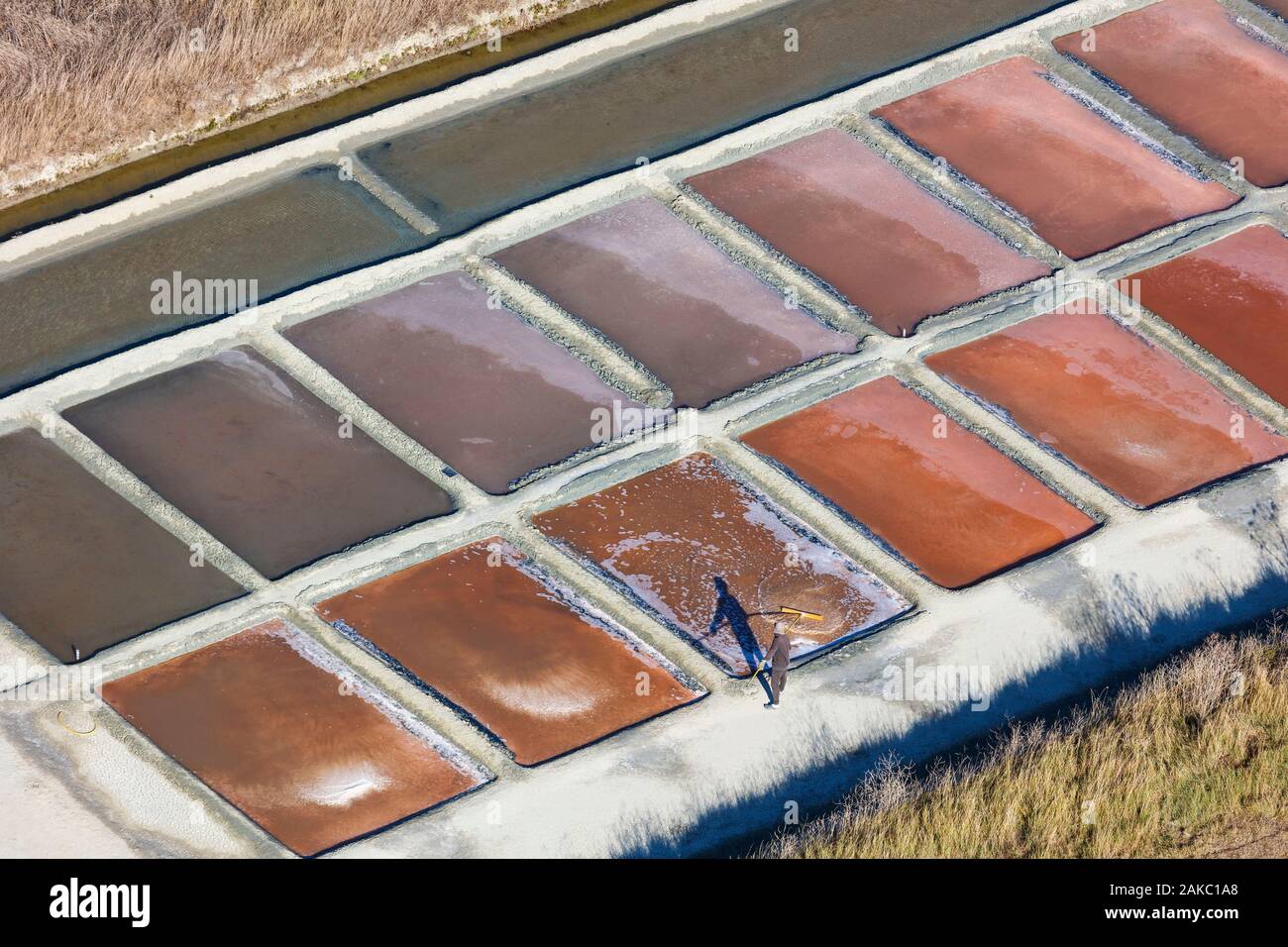 Francia, Charente Maritime, Ile de Re, Ars en Re, lavoratore di sale nelle saline (vista aerea) Foto Stock