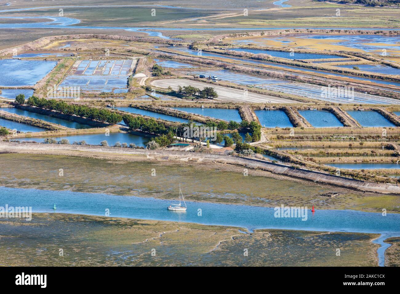 Francia, Charente Maritime, Ile de Re, Ars en Re, barca in Fier d Ars a bassa marea e le saline (vista aerea) Foto Stock