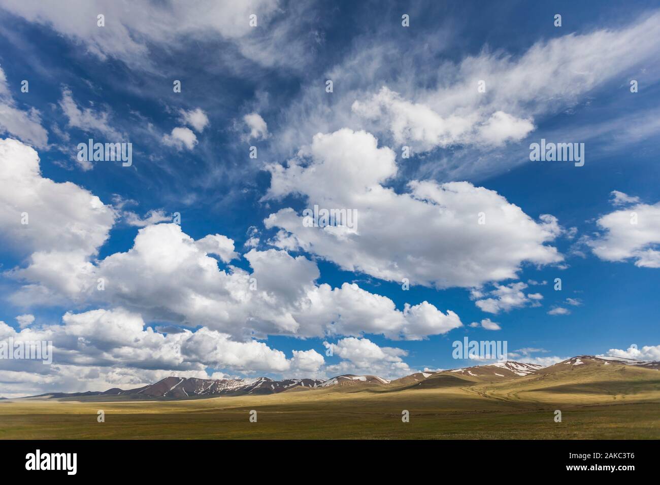 In Kirghizistan, provincia di Naryn, Son-Kol lago, altitudine di 3000m, cielo nuvoloso sopra la steppa Foto Stock