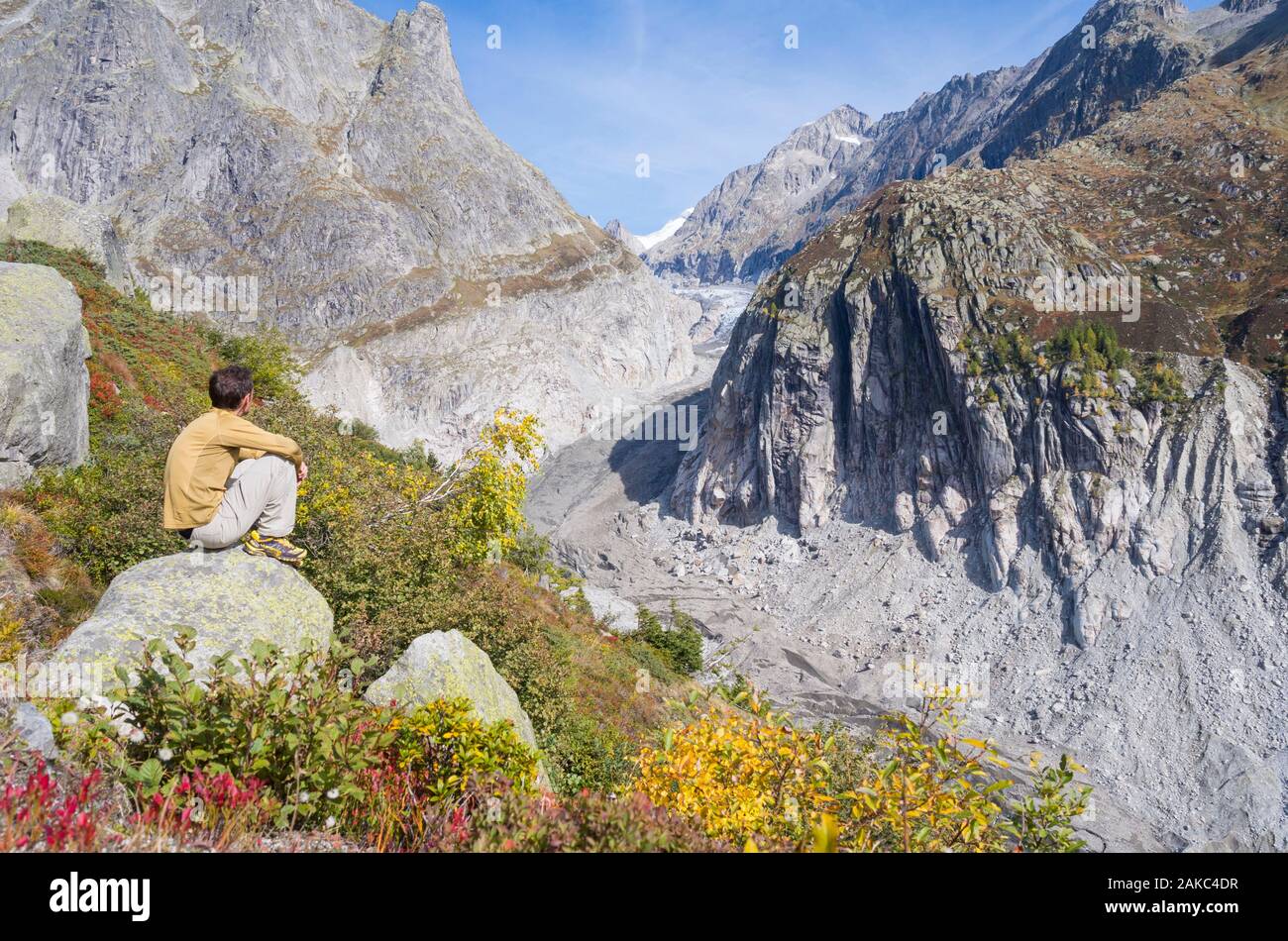 La Svizzera Vallese Aletsch, home al più grande ghiacciaio delle Alpi, Fiesch ritiro del ghiacciaio a causa del riscaldamento globale Foto Stock