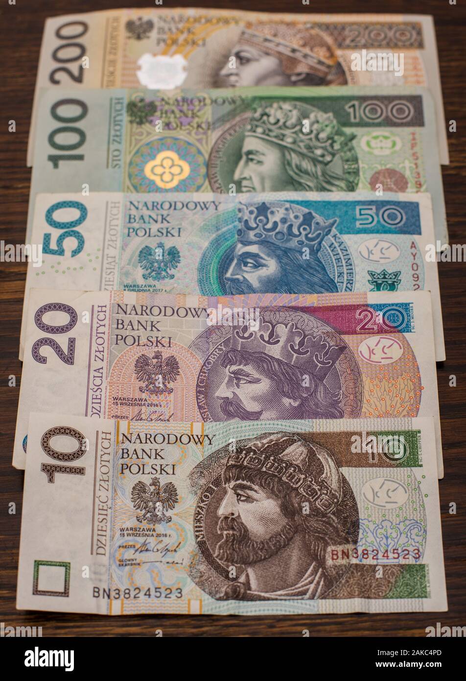 Close up di varie banconote e monete denaro polacco, zloty, PLN su un vecchio sfondo di legno Foto Stock