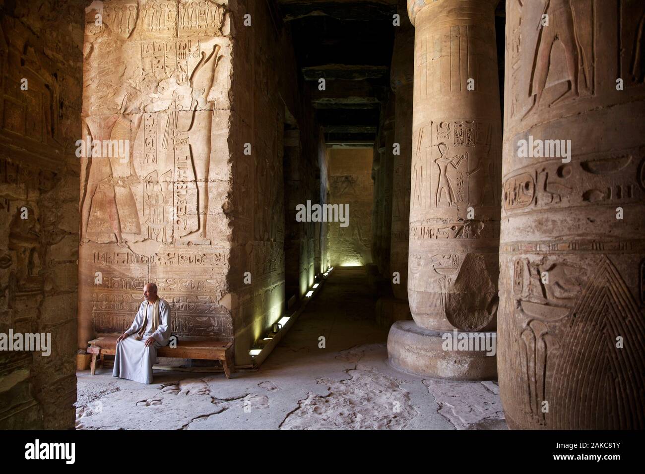 Egitto Alto Egitto, Valle del Nilo, Dendera, tempio guard seduto in hypostyle hall del tempio di Hathor Foto Stock