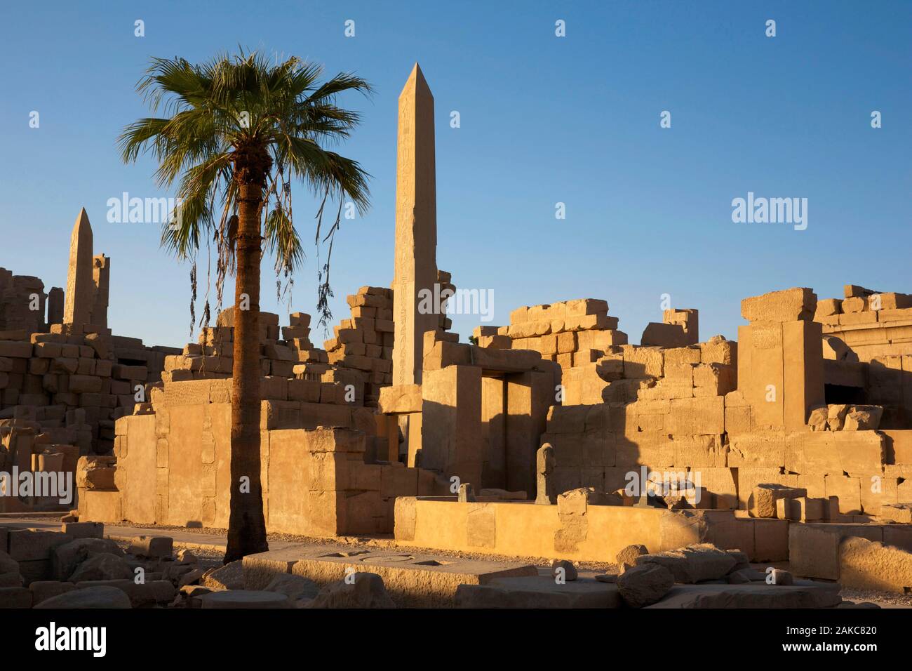 Egitto Alto Egitto, Valle del Nilo, Karnak, obelisco eretto tra rovine nel Tempio di Karnak Foto Stock