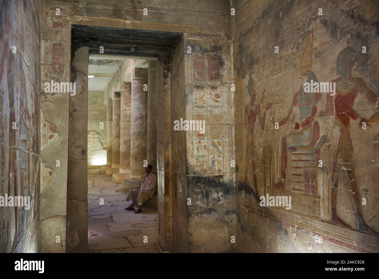 Egitto Alto Egitto, Valle del Nilo, Dendera, tempio guard seduta nella cappella del tempio di Hathor con le muse decorato con bassorilievi Foto Stock