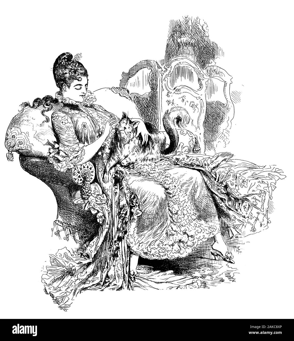 Umorismo francese e la caricatura: Signora vestita di fantasia in vestaglia con fronzoli e merletti coccola la Sua ponendo kitty pet sul divano Foto Stock
