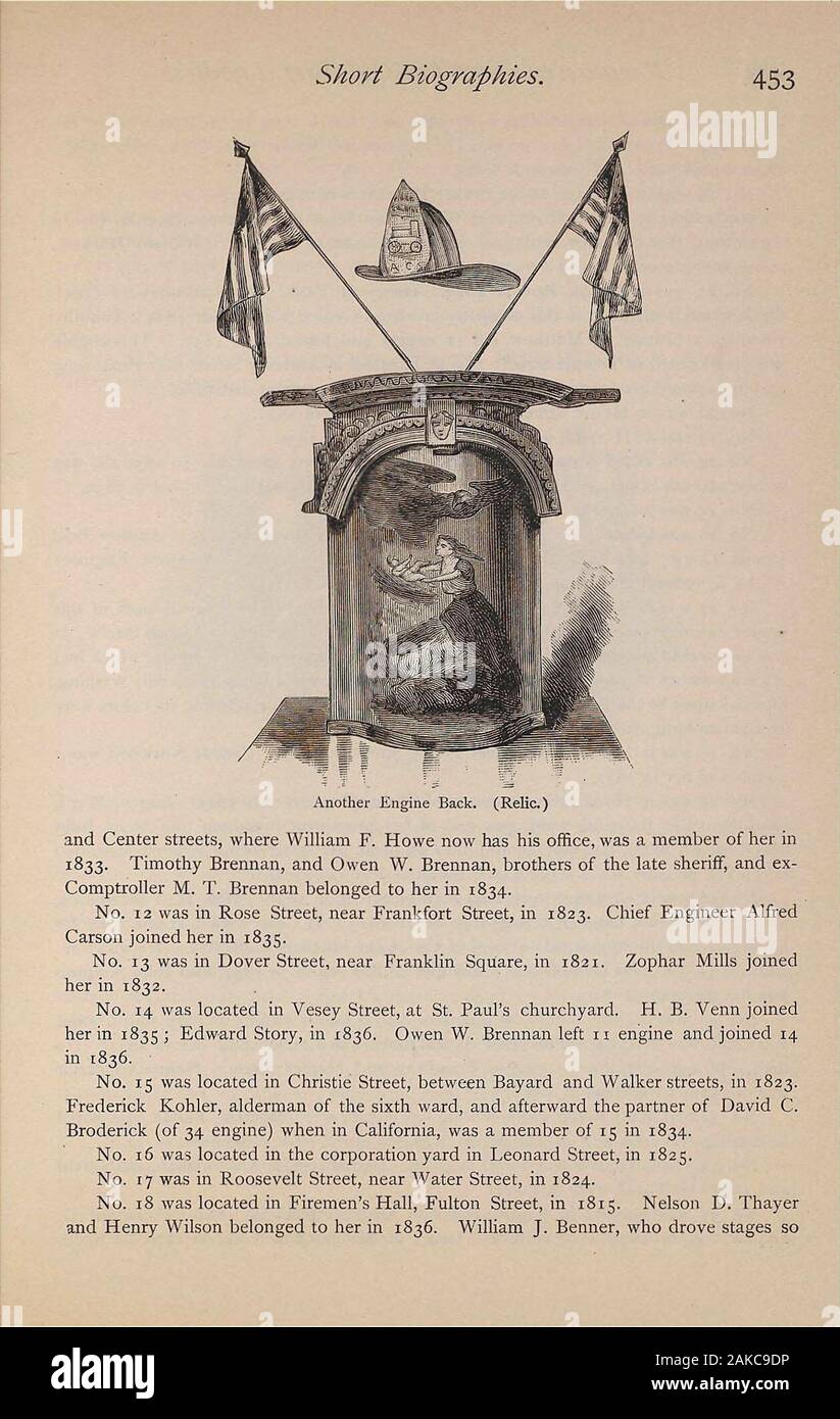 Le reminiscenze del vecchio fire laddies e volontario dei vigili del fuoco di New York e Brooklyn. . 454 reminiscenze del vecchio Fire Laddies. lunga che quasi ha immaginato che possedeva la linea era un membro negli anni successivi. Hecould cantare povero vecchio cavallo, lasciato morire, migliore e più forte di qualsiasi membro di theDepartment nord della quattordicesima strada. No. 19 era in Eldridge Street, angolo Division Street, nel 1823. No. 20 era in Cedar Street, vicino a Washington Street. Alderman Thomas Clearycame da questa società e stato eletto un assistente tecnico. William Hackett,assistente tecnico del suono, è stato anche un membro del 20. Foto Stock