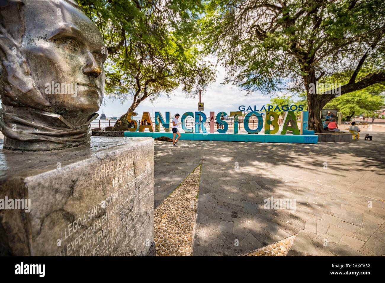 Ecuador, Arcipelago delle Galapagos, classificato come patrimonio mondiale dall UNESCO, San Cristobal Island, Puerto Baquerizo Moreno, busto di Charles Darwin sulla piazza del Municipio Foto Stock