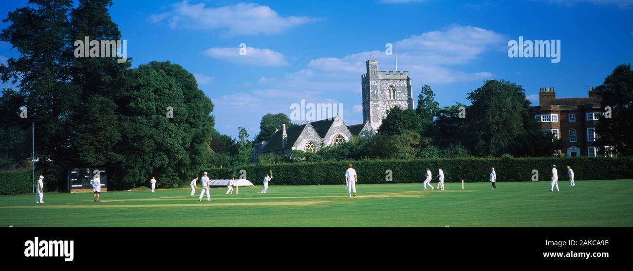 Gruppo di persone a giocare a cricket, Berkshire, Inghilterra Foto Stock