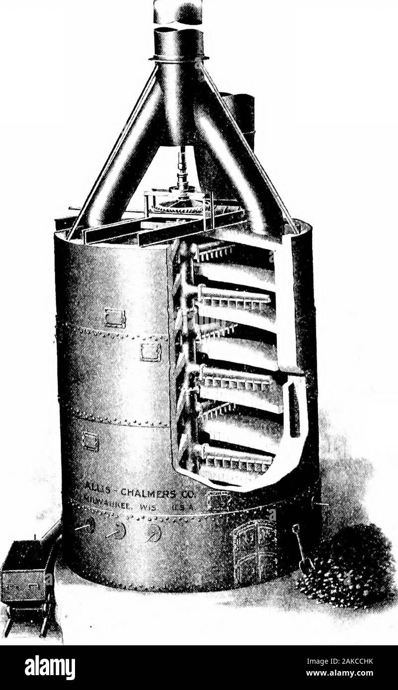 Il hydrometallurgy di rame . t Butte, è 16 ft.di diametro e 18 ft. 3 1/2 in. alta. Esso è rivestito con 3/8-in. boileriron e rivestiti con un intero corso di mattoni rossi. Essa ha sei hearthswith arcuata a 9 in primavera e 3 ft. oltre; ogni focolare ha due marmaglia armsmaking un giro al minuto. Ogni forno ha due exhaustflues 24 in. di diametro e 12 ft. oltre, passando al di fuori del tetto, andflues da tre forni di portare a uno dei principali 6 ft. di diametro, havingopenings lungo la parte superiore e la parte inferiore per la rimozione della polvere di canna fumaria. H. O. Hofman, Trans. Am. Ist. Mng. Eng., Vol. XXXIV; L. S. Austin, TRAS Foto Stock
