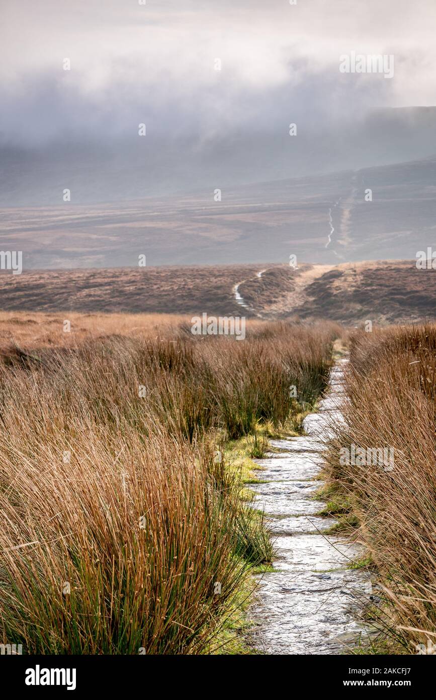 Sentiero in pietra della pennine Way che conduce a Black Hill, Peak District, West Yorkshire, Inghilterra, Regno Unito, Foto Stock