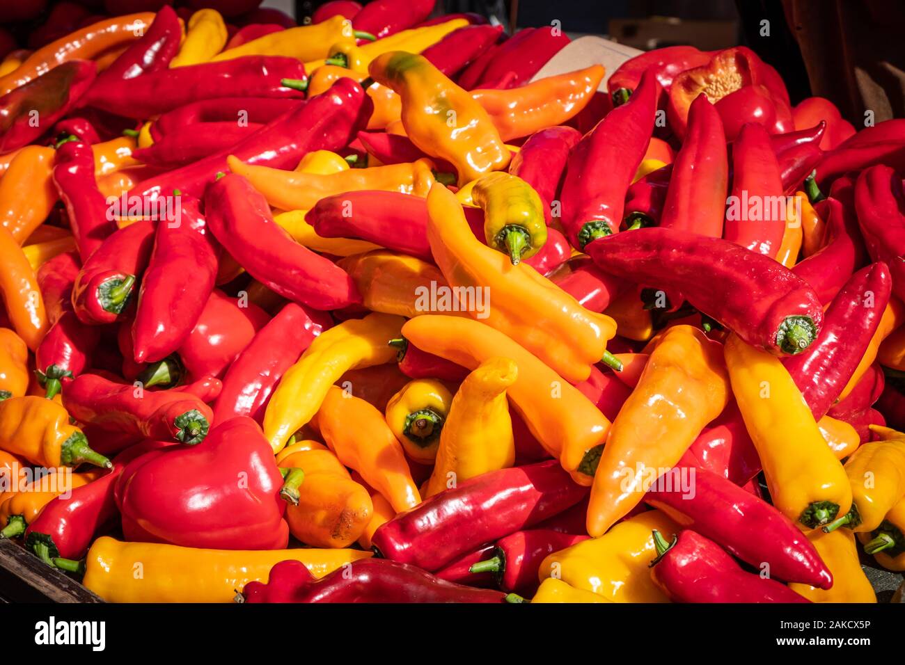 Grande pila di fresco rosso, arancione, giallo paprikas, peperoni su un mercato della frutta in stallo a Zagabria, Slovenia Foto Stock
