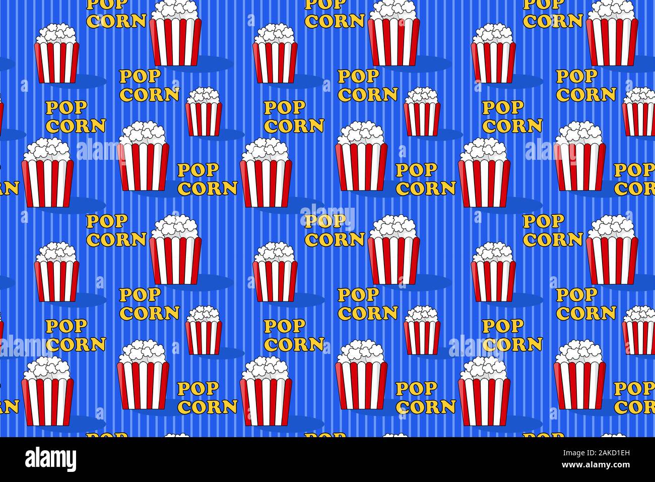 Popcorn. Modello senza cuciture con popcorn pack. Disegnate a mano sullo sfondo. Illustrazione Vettoriale