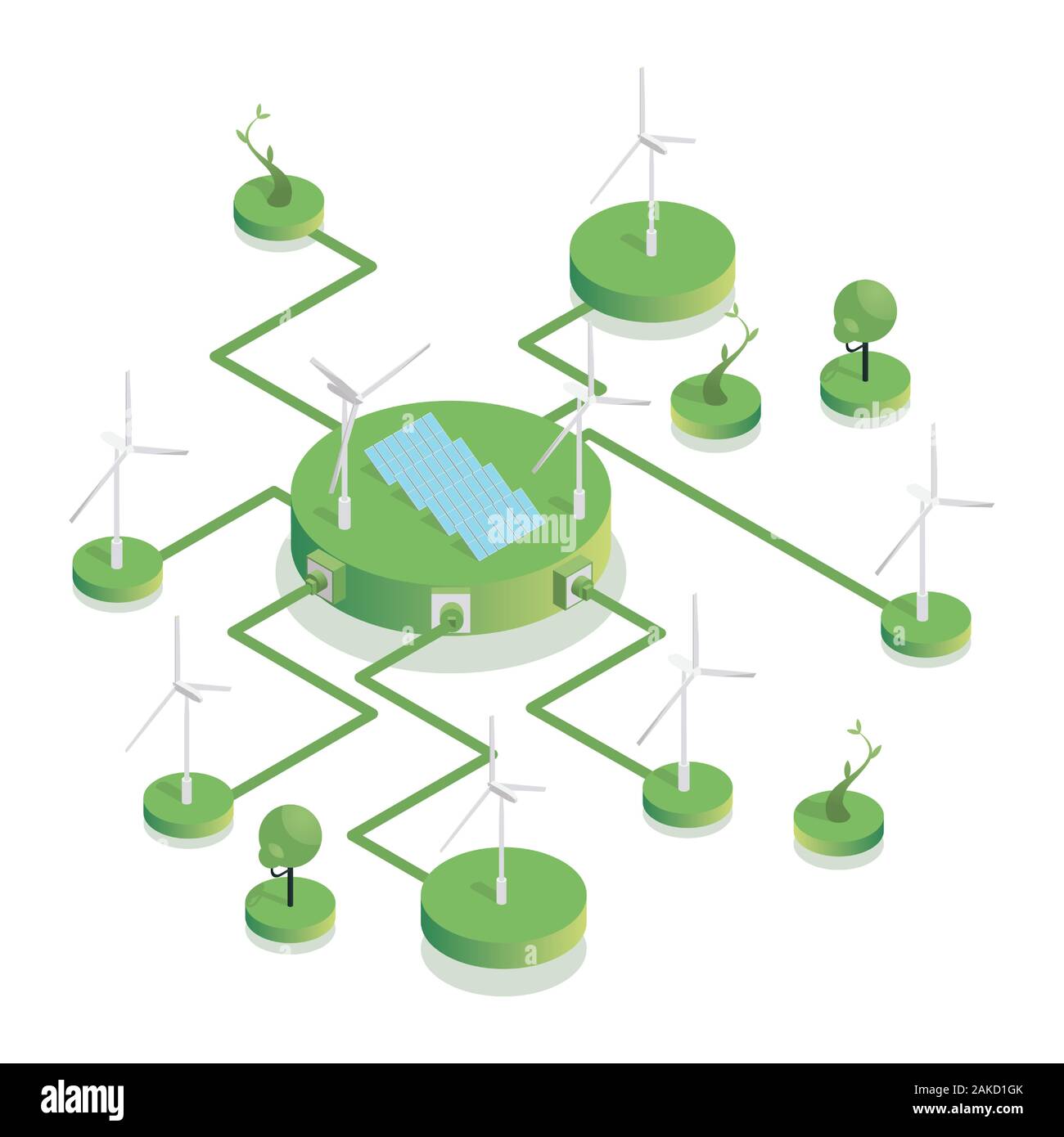 Eco Friendly wind farm illustrazione isometrica. Sostenibile fonti di alimentazione, le turbine eoliche e batterie fotovoltaico la generazione di elettricità. L'energia alternativa industria, la conservazione della natura concetto Illustrazione Vettoriale