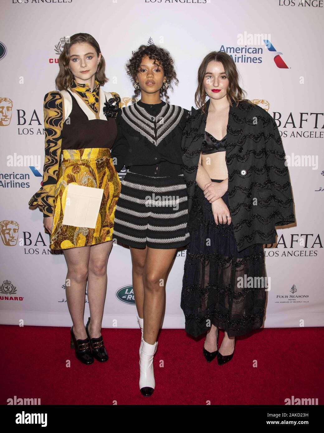 Il 4 gennaio 2020, Los Angeles, California, Stati Uniti d'America: (L-R) THOMASIN MCKENZIE, TAYLOR RUSSELL e KAITLYN DEVER frequentare il 2020 BAFTA Tea Party al Four Seasons Hotel. (Credito Immagine: © Charlie Steffens/ZUMA filo) Foto Stock