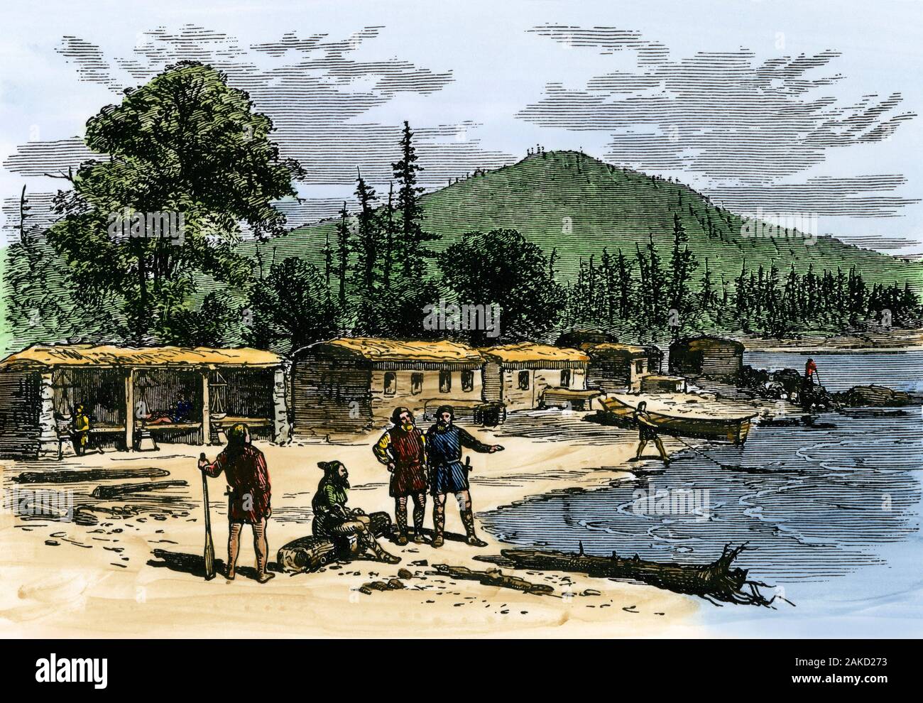 Leif Eriksson capanne sulla riva del "Vinland.' colorate a mano la xilografia Foto Stock